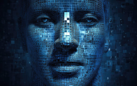 3D rendering of cyborg face in cyberspace. Artificial intelligence concept.の素材