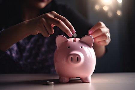 Woman putting coin into piggy bank, closeup. Saving money conceptの素材