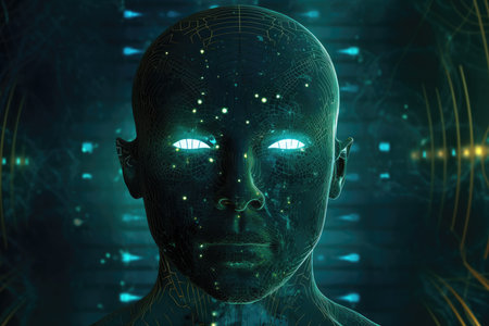 Digital illustration of a cyborg head with circuit board in the backgroundの素材