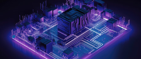 3d isometric circuit board on dark background. Technology and innovation concept.の素材