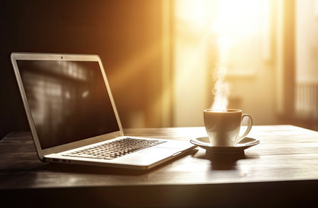 Coffee cup and laptop on wooden table in coffee shop at morningの素材