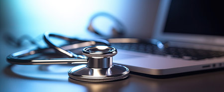 Stethoscope on a laptop computer. 3d render illustration.の素材