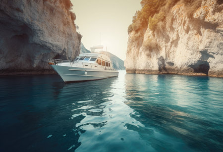 Luxury yacht in the sea on a background of high cliffsの素材
