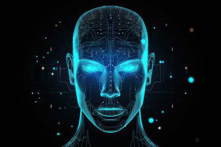 3d rendering artificial intelligence cyborg head with circuit on black backgroundの素材