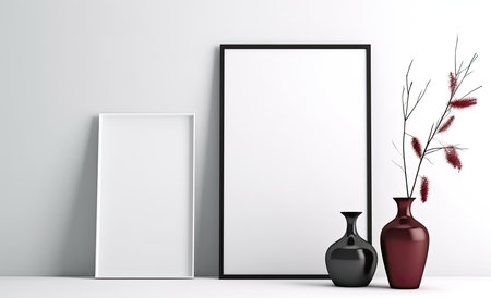 Mock up poster frame with vase and vase. 3d renderの素材