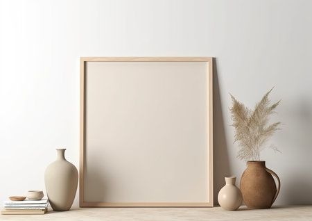 Mock up poster frame in interior background, 3D render illustrationの素材