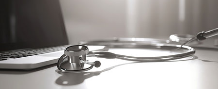 Stethoscope and laptop on white table. 3D rendering.の素材