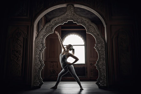 Ballet dancer posing in front of a window in a dark roomの素材