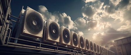 3D render of a large group of audio speakers against a cloudy skyの素材