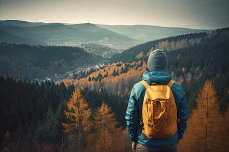 Man with backpack standing on top of a mountain and enjoying the viewの素材