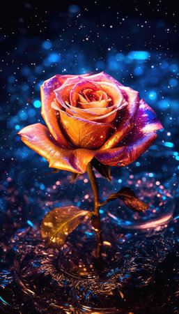 beautiful red rose on a dark background with blue bokehの素材