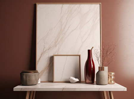 Mock up poster frame in interior background. 3d render illustrationの素材