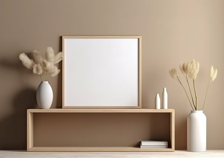 Mock up poster frame in interior background, 3D render illustrationの素材