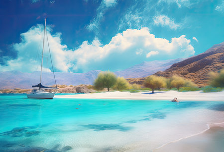 Sailing boat on beautiful tropical beach in sunny day. 3d renderingの素材
