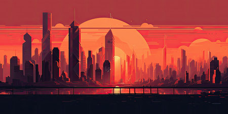 Modern cityscape with skyscrapers at sunset. Vector illustration.の素材