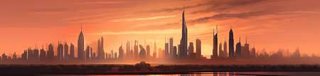 Panoramic view of the city at sunset. Vector illustration.の素材