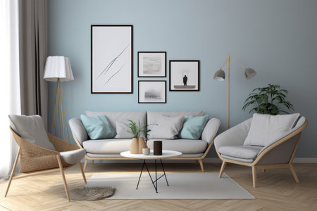 Interior of modern living room with blue walls, wooden floor, comfortable sofa and armchairs. Mock up poster frame. 3d renderingの素材