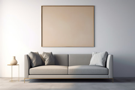 Interior of modern living room with white walls, concrete floor, gray sofa and horizontal mock up poster frame. 3d renderingの素材
