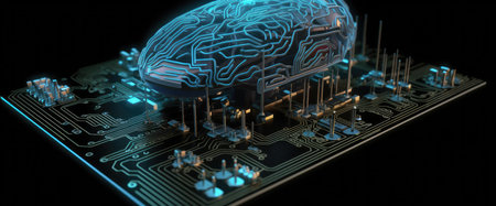 Artificial intelligence brain with integrated circuit on a black background 3D renderingの素材