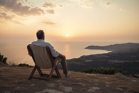Man sitting on a chair and watching the sunset over the sea.の素材