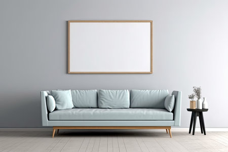 Interior of modern living room with blue sofa and mock up poster. 3d renderの素材