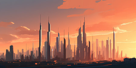 Dubai skyline at sunset, United Arab Emirates. Vector illustration.の素材