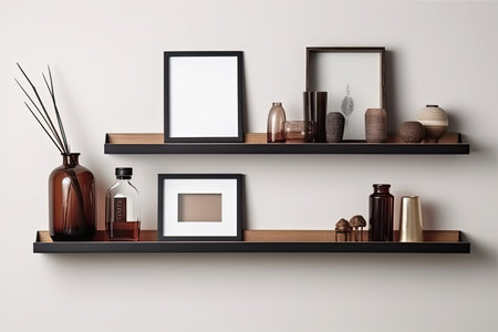Black bookshelf with blank frames and decorative objects. 3d renderingの素材