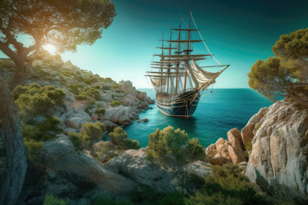 Pirate ship in the sea. 3D render. Vintage style.の素材