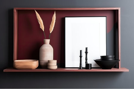 Interior of modern bathroom with dark red walls, concrete floor, comfortable white bathtub, round mirror and wooden shelves with toiletries. 3d renderingの素材