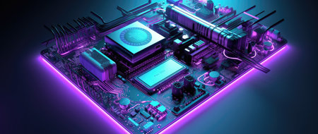 Electronic circuit board in blue and violet light. 3d renderingの素材