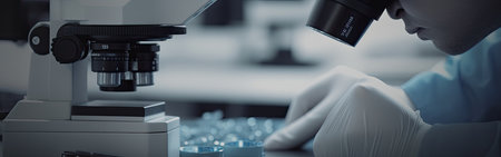 Close up of a female scientist using a microscope in a laboratory.の素材