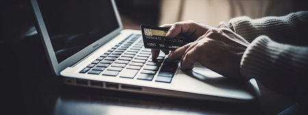 Hands holding credit card and using laptop computer for online shopping.の素材