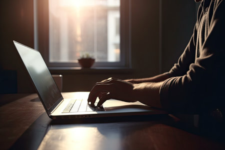Man working on a laptop at home. Close-up of male hands typing on laptop keyboard.の素材
