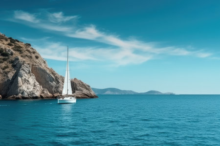 Sailing yacht in the sea on a background of mountains and blue skyの素材