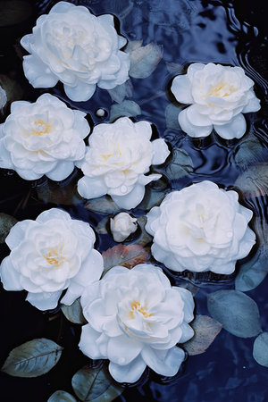 White roses on the water in the garden. Floral background.の素材