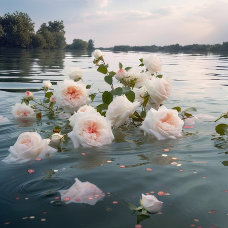 Beautiful white roses on the water in the lake at sunset.の素材