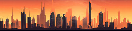 City skyline at sunset. Panoramic view. Vector illustration.の素材