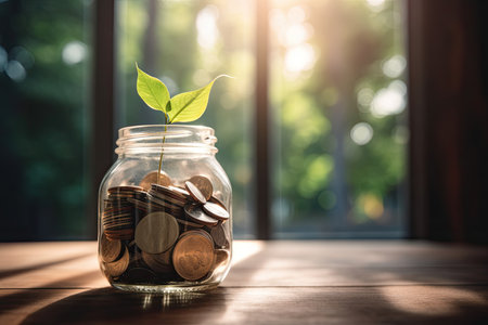 Coins in glass jar with green plant growing on wood table. Save money for prepare in the future.の素材