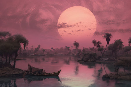 fantasy landscape with a boat on the river and palm trees.の素材