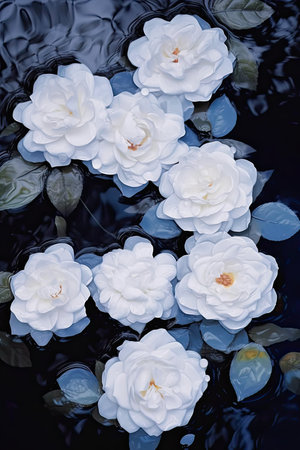 Beautiful white roses on dark water background. Shallow depth of field.の素材
