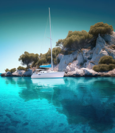 Sailing boat on the turquoise sea. 3d renderの素材