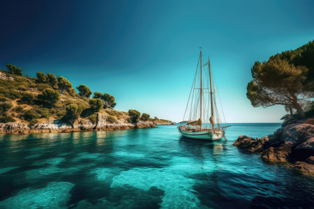 Sailing yacht in turquoise Mediterranean sea. Toned.の素材