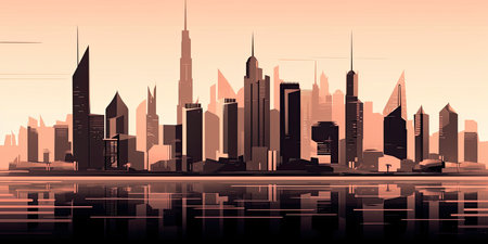 Modern city skyline with skyscrapers and reflection in water, vector illustrationの素材