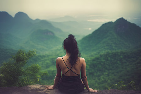 Young woman sitting on the top of mountain and looking at the valleyの素材