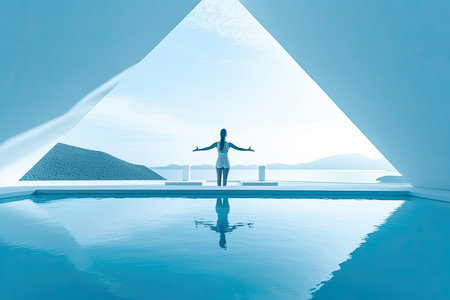 Woman standing in swimming pool and looking at sea. 3d renderingの素材