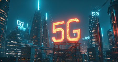 5G neon sign on skyscrapers background. 3D renderingの素材