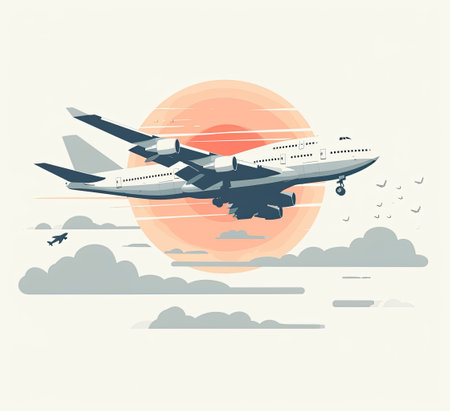Airplane flying in the sky at sunset. Flat style vector illustration.の素材