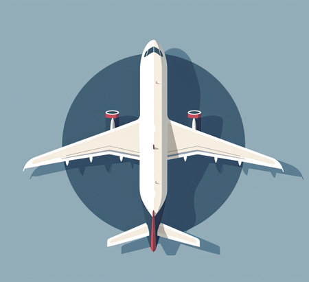 Airplane in the sky. Top view. Flat design. Vector illustration.の素材