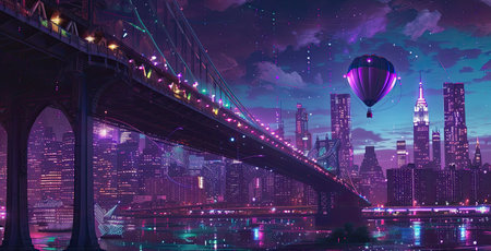 Panoramic view of the city at night with a balloon in the skyの素材