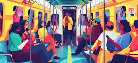 People traveling by train. Passengers in public transport. Vector illustrationの素材